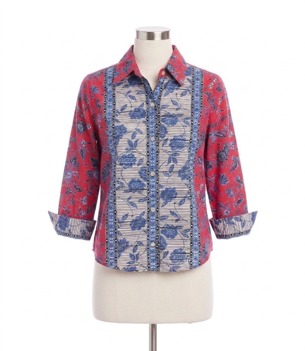 NEW KAREN KANE ruched sleeve border print shirt in red